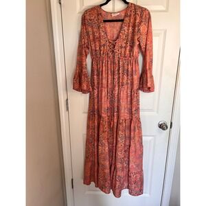 Boemo Anthropology Paisley Maxi Dress Long Sleeve Tiered Bohemian Dress Medium‎